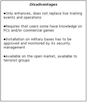 Text Box: Disadvantages
●Only enhances, does not replace live training events and operations
●Requires that users some have knowledge on PCs and/or commercial games
●Installation on military bases has to be approved and monitored by its security management
●Available on the open market, available to terrorist groups
 
 
 
 
 
